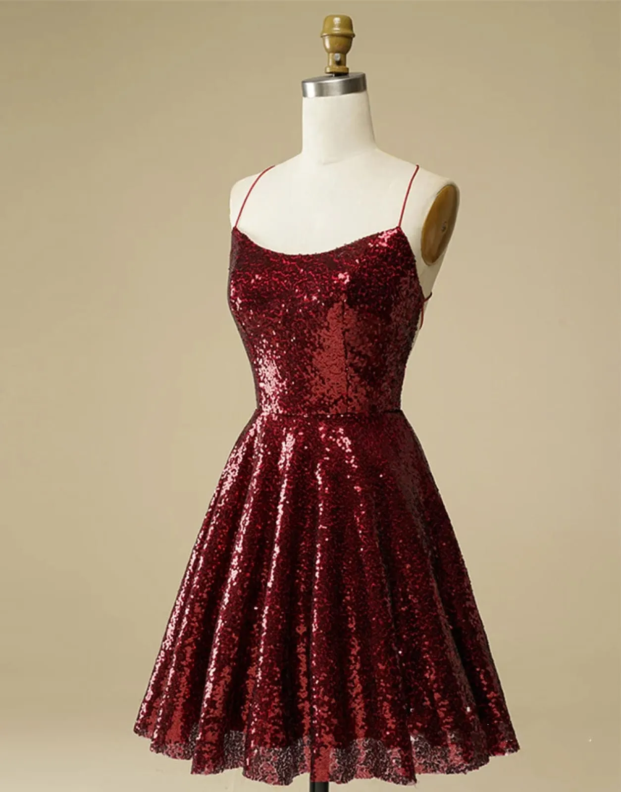 A-Line Burgundy Sequin Straps Backless Homecoming Wedding Party Dress