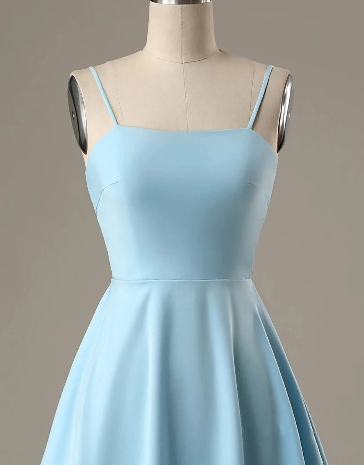 A-Line Spaghetti Straps Short Blue Satin Homecoming Dress, Bow Back