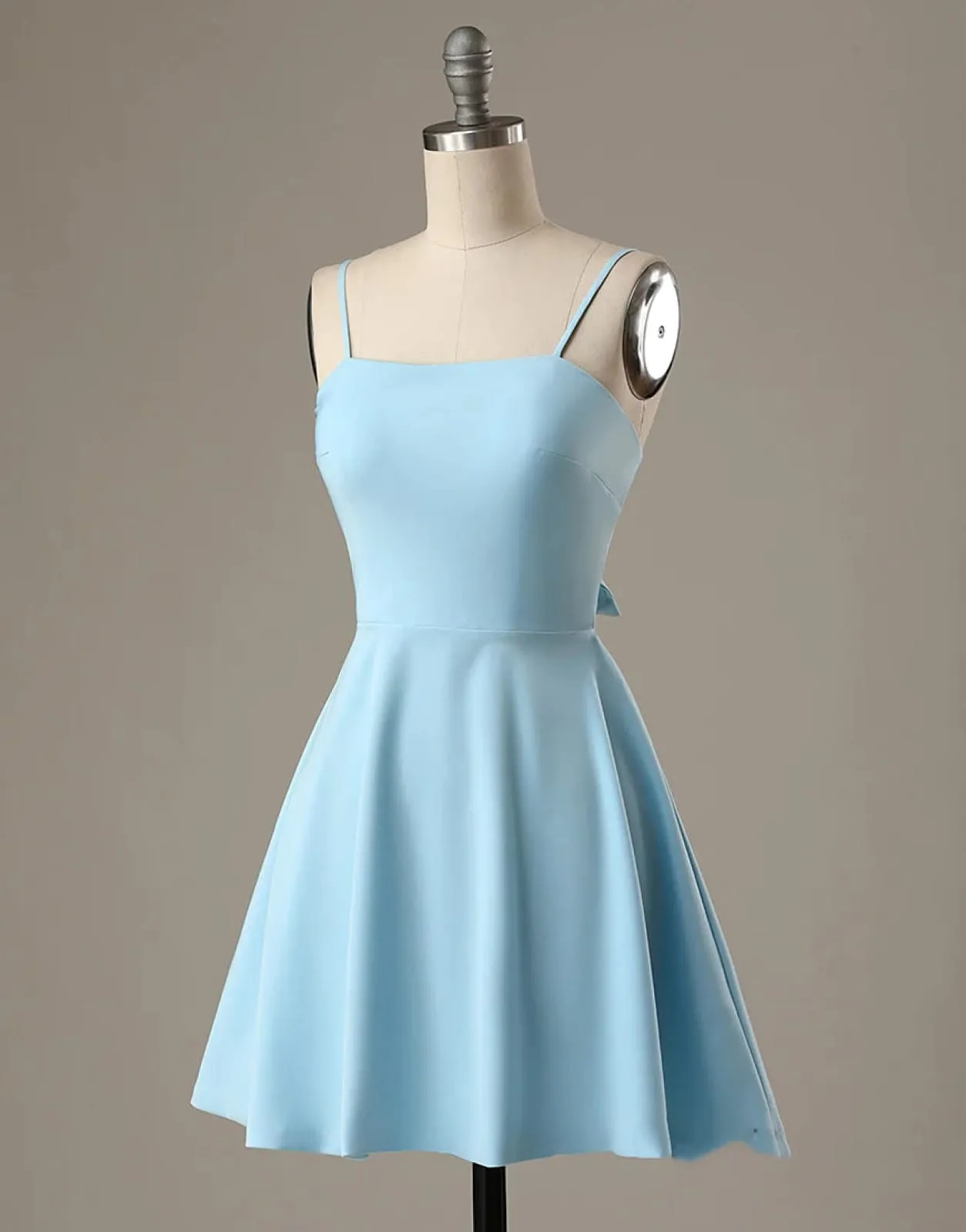 A-Line Spaghetti Straps Short Blue Satin Homecoming Dress, Bow Back