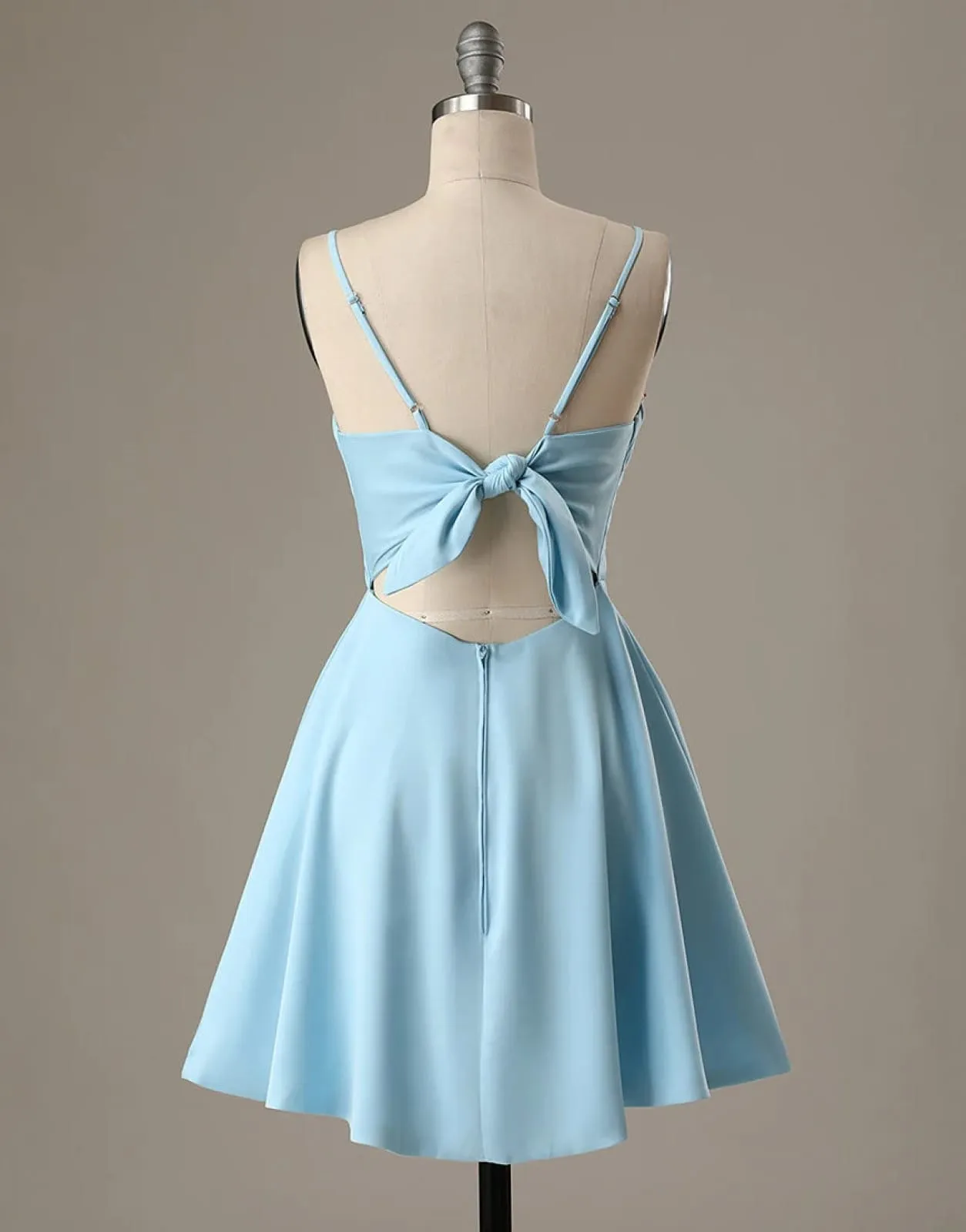 A-Line Spaghetti Straps Short Blue Satin Homecoming Dress, Bow Back