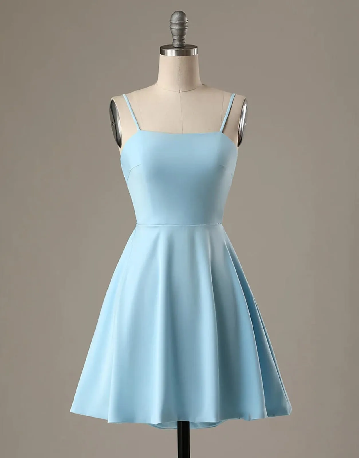 A-Line Spaghetti Straps Short Blue Satin Homecoming Dress, Bow Back