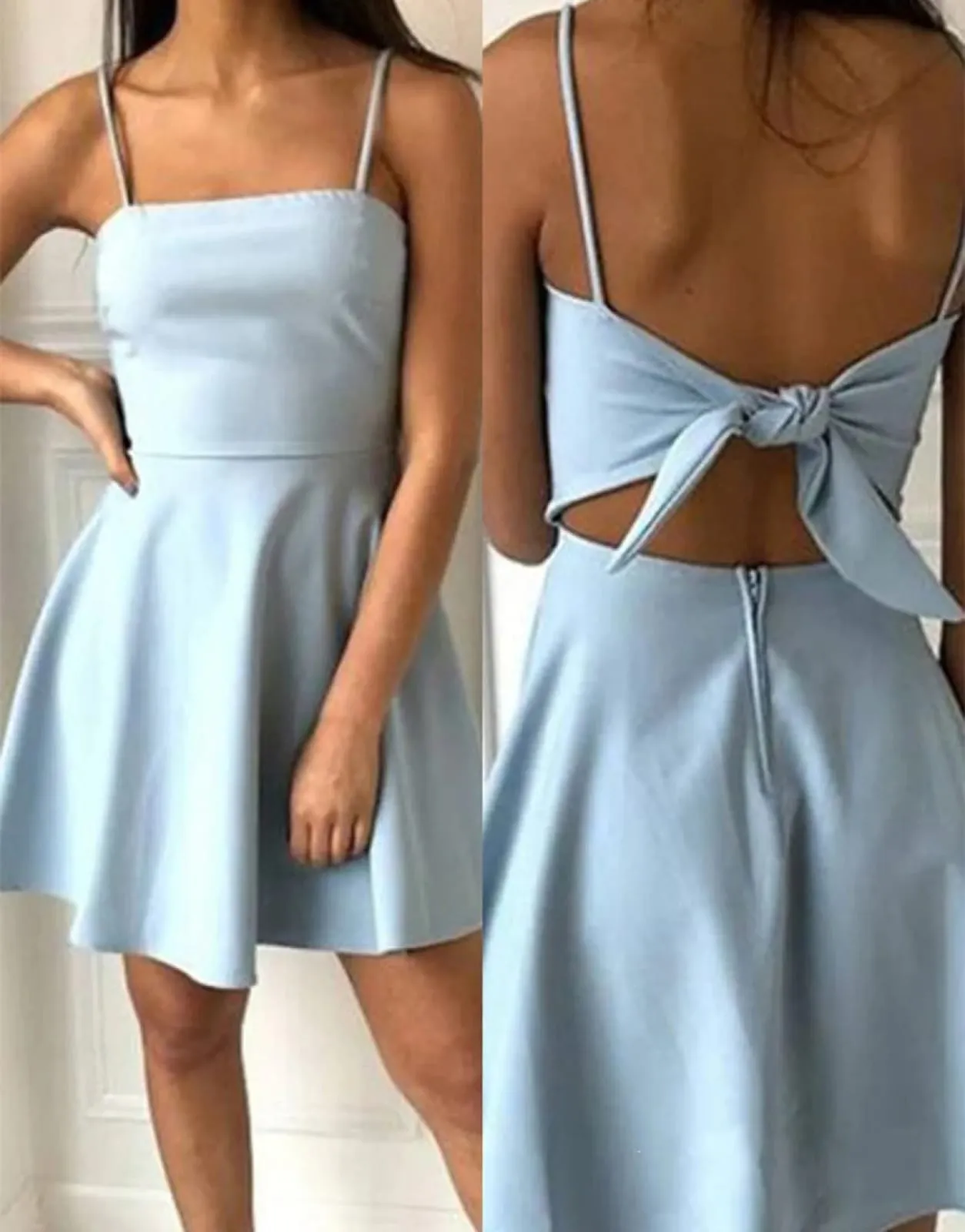 A-Line Spaghetti Straps Short Blue Satin Homecoming Dress, Bow Back