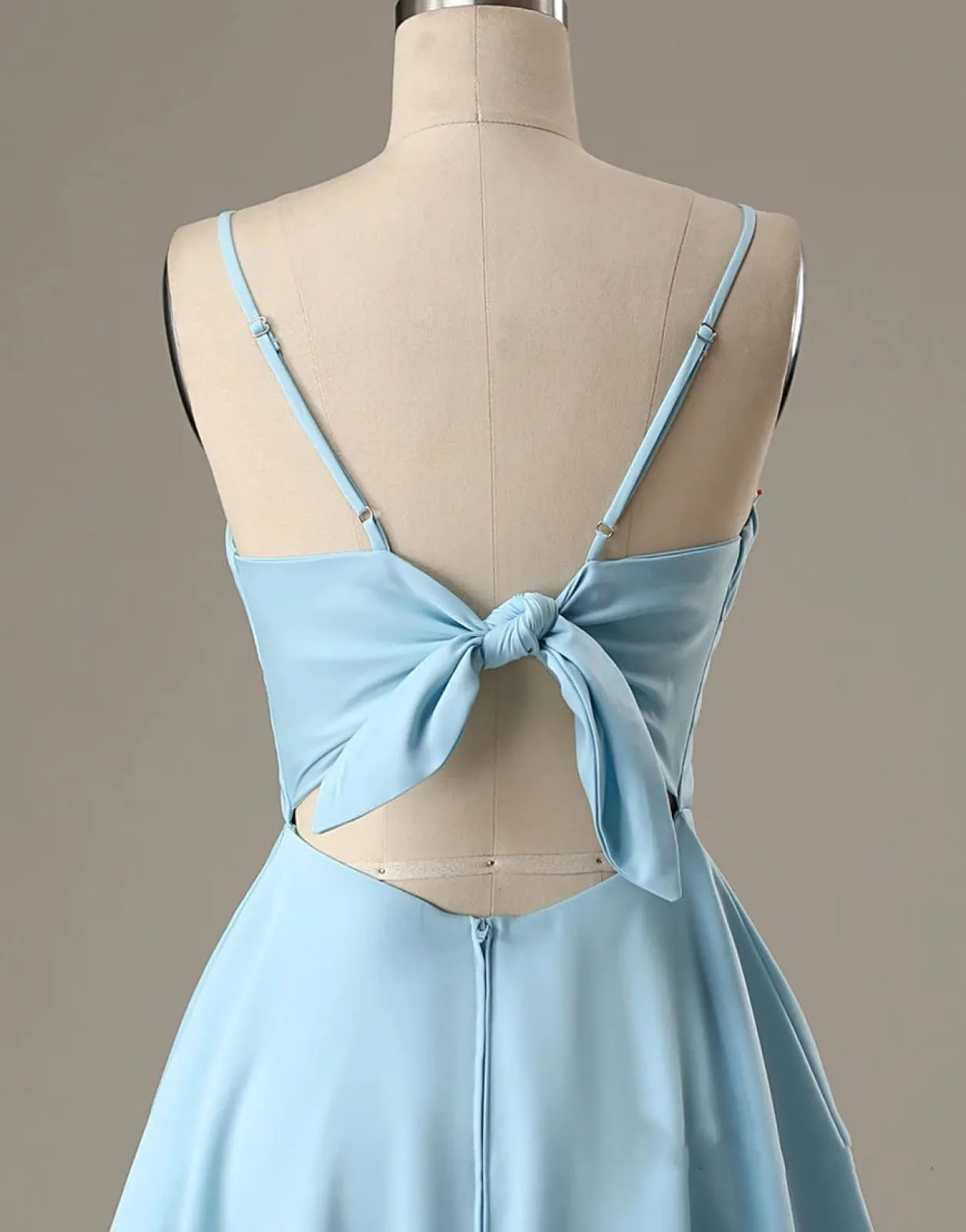 A-Line Spaghetti Straps Short Blue Satin Homecoming Dress, Bow Back