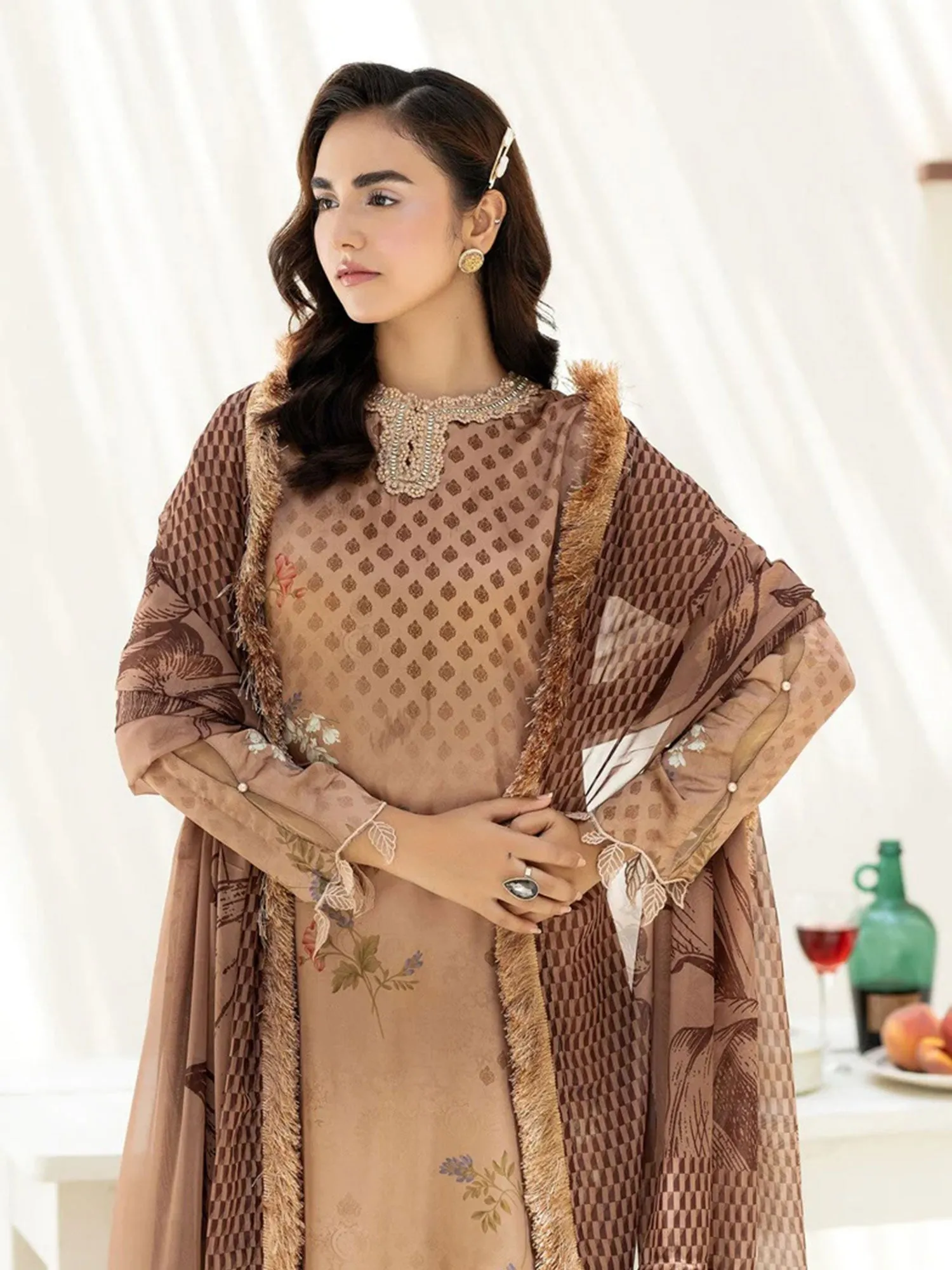 Ally's Brown Shamoz Silk Embroidered 3-Piece Suit (DGP-236)