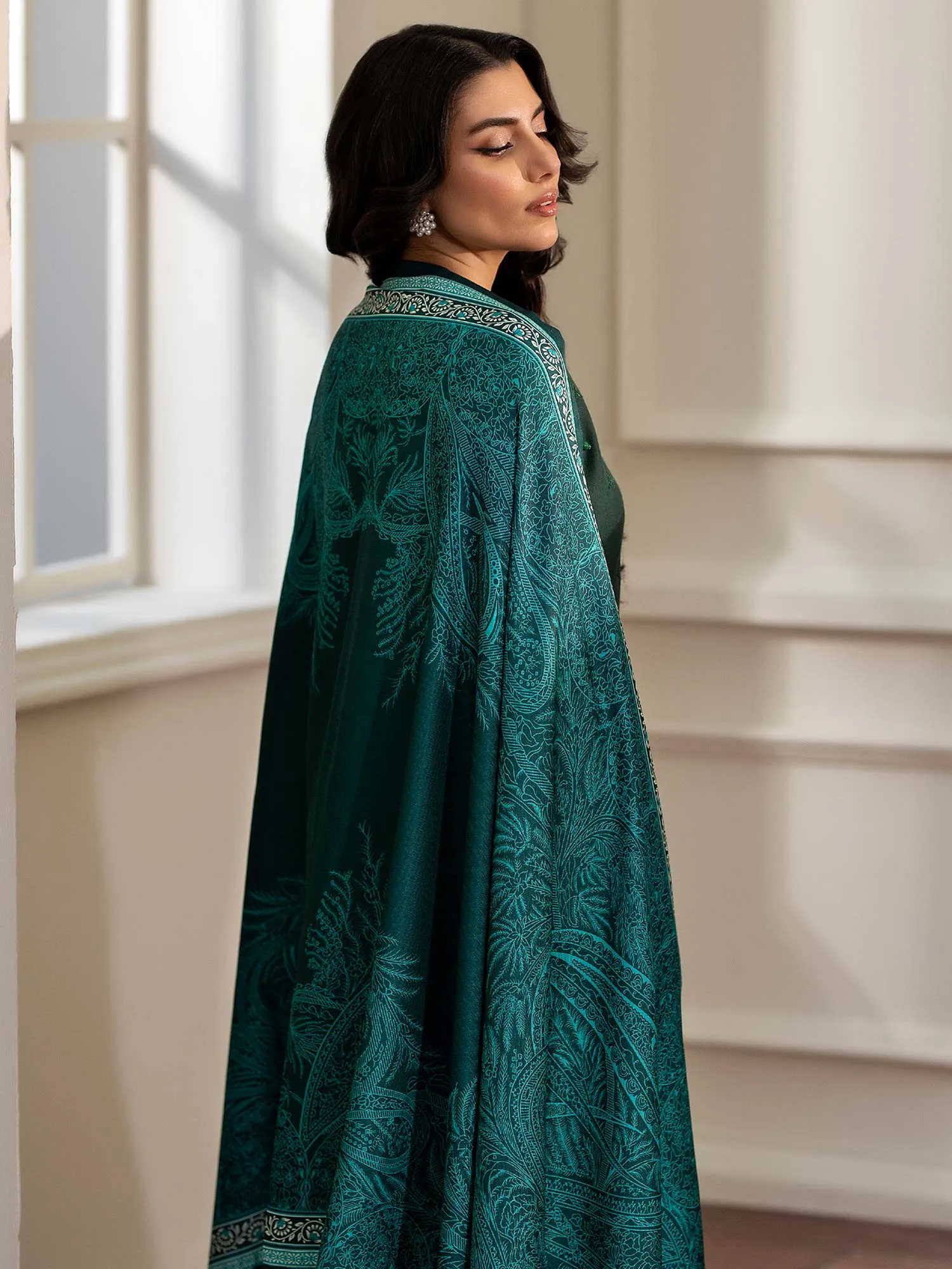 Ally's Dhanak Chikankari Bottle Green 3-Piece Suit (AL-DNK41)