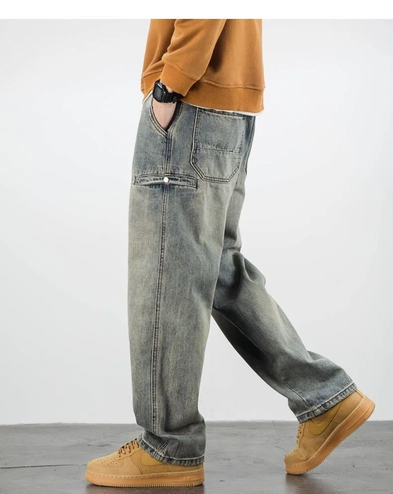 American Casual Yellow Mud Dyed Jeans Straight Loose