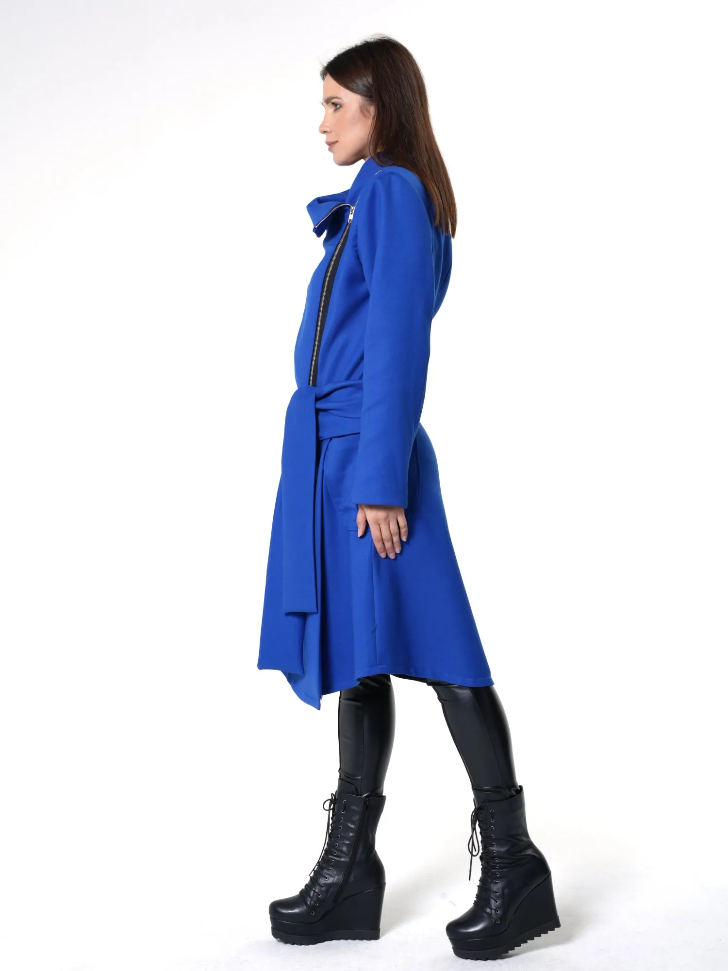 Asymmetric Belted Coat In Royal Blue