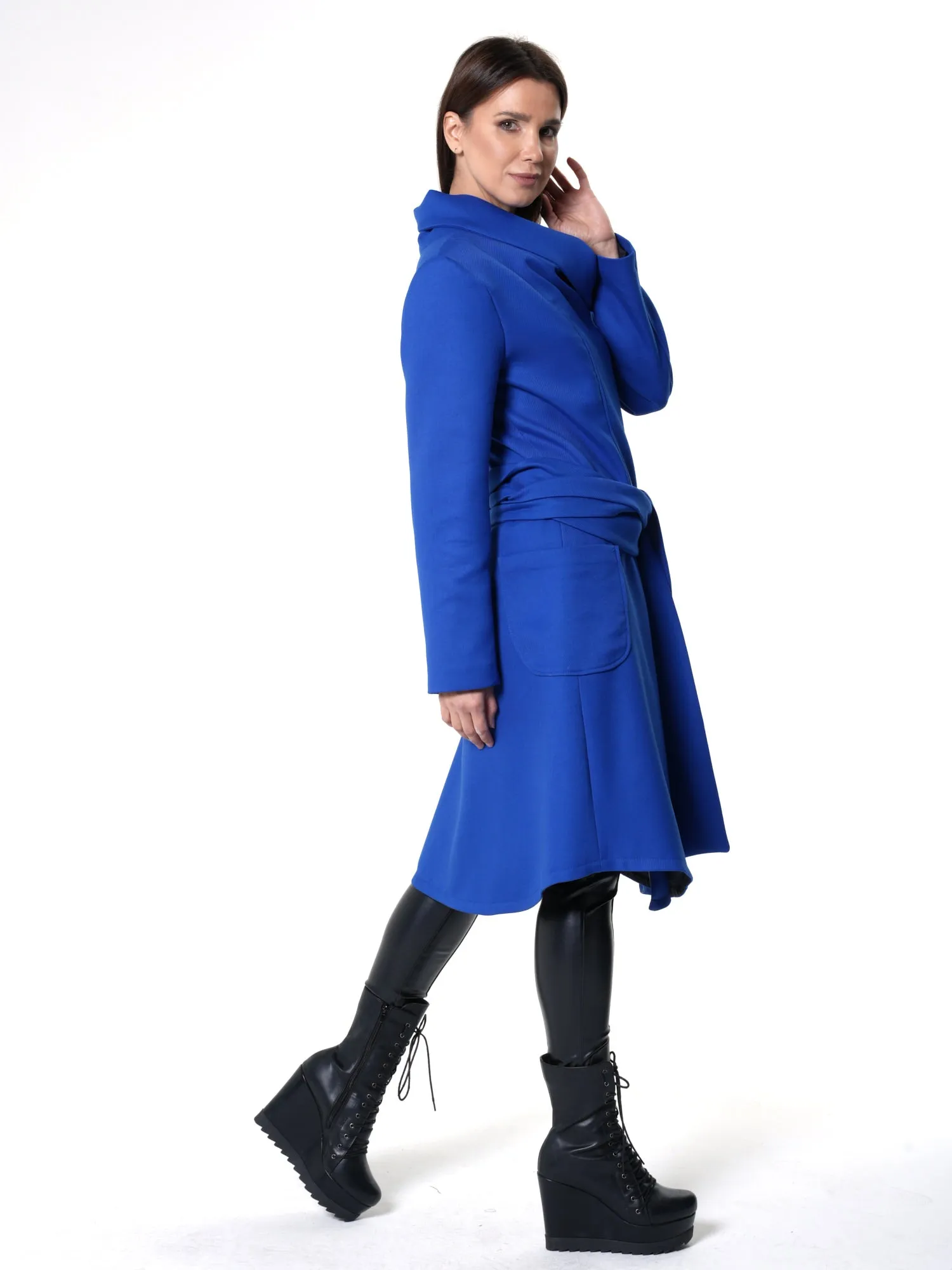 Asymmetric Belted Coat In Royal Blue