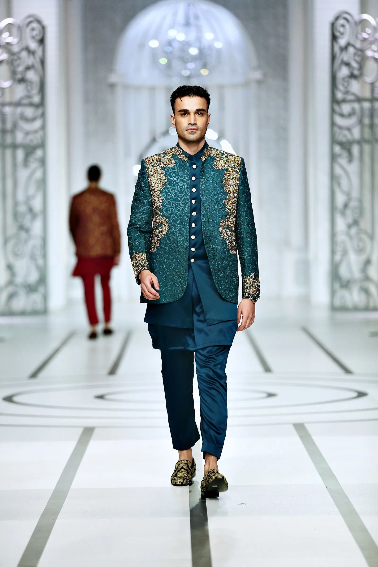 BCW PC 48 Teal Green Prince Coat With Kora Daka Work With inner Waist Coat Add Kurta