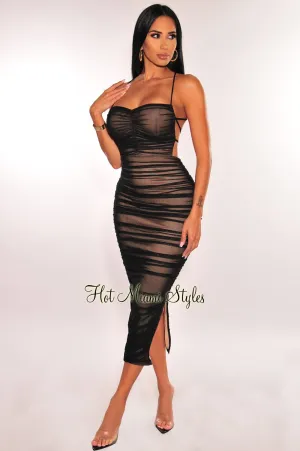 Black Nude Mesh Lace Up Back Ruched Slit Midi Dress