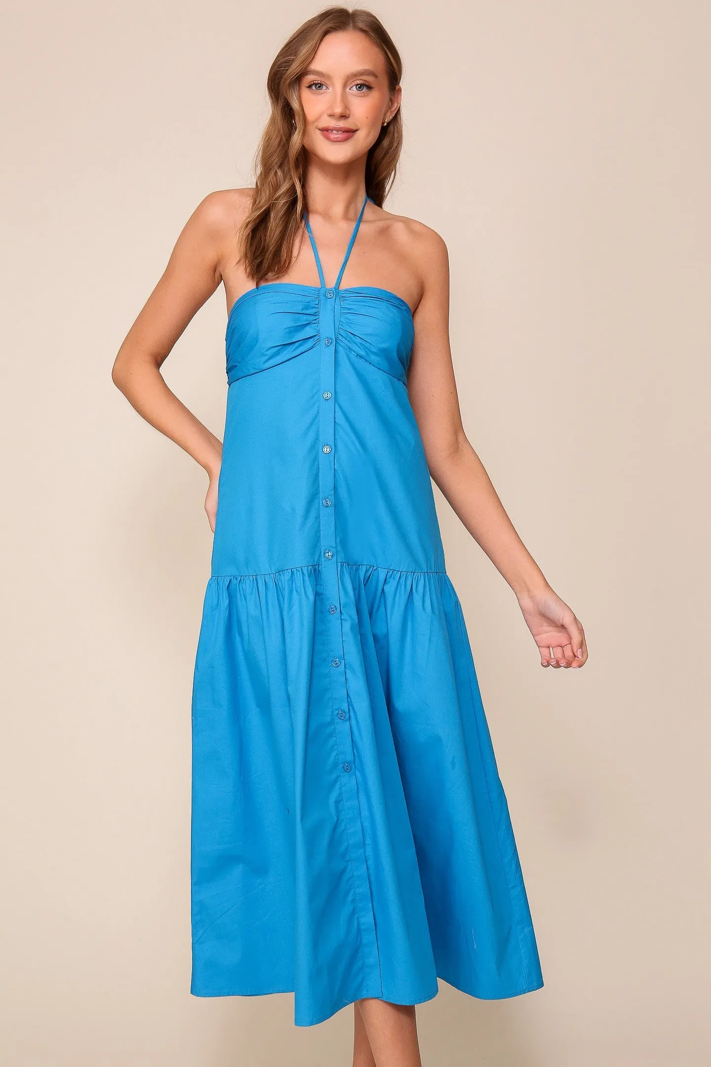 Blue Midi Halter Tie Button Down Dress