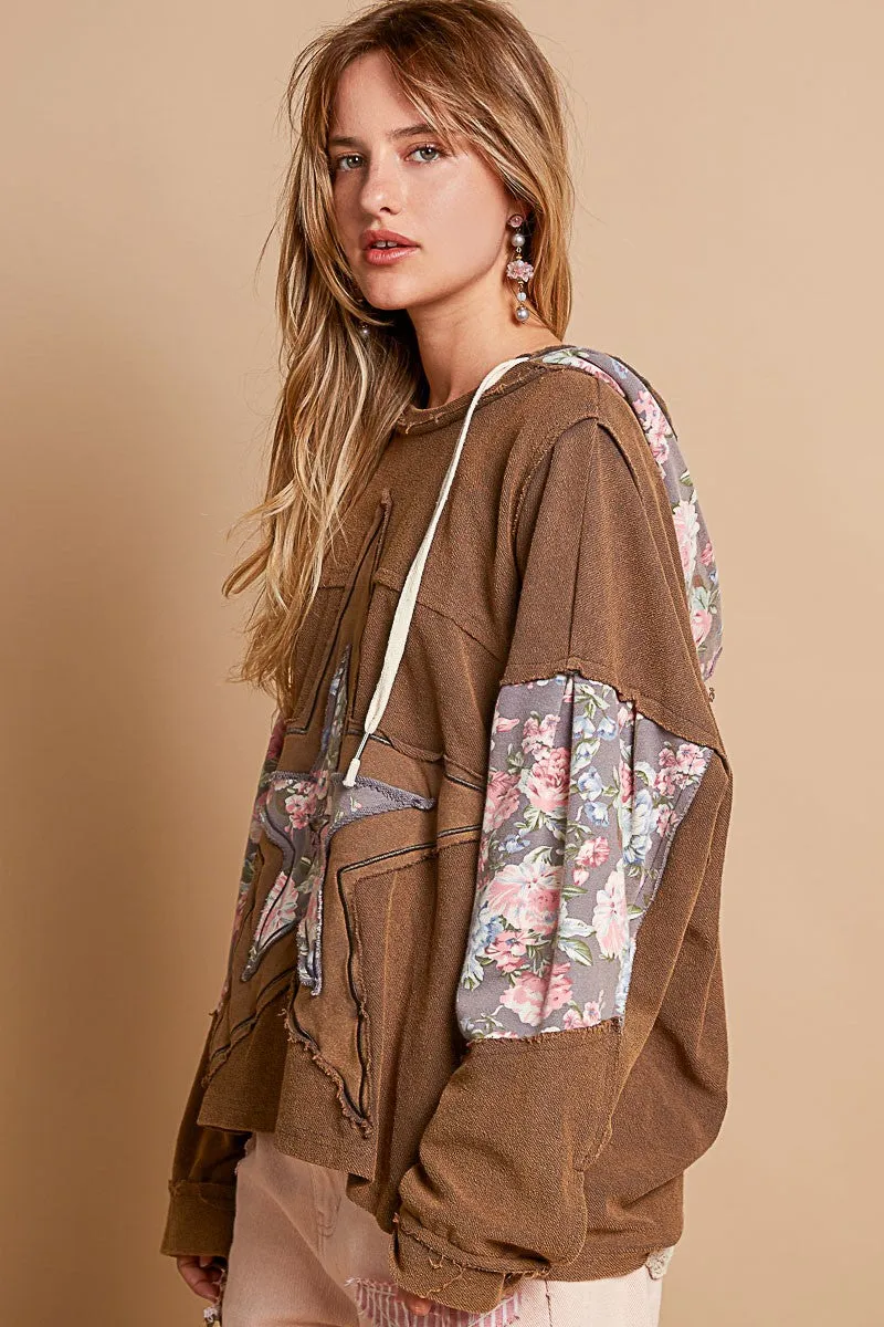 Bohemian Brown Pol Star Patchwork Raw Edge French Terry Hoodie