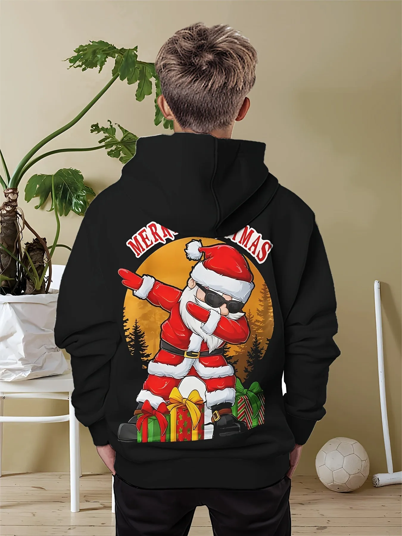 Boy's Long Sleeve Pullover Hoodies, Trendy Comfy MERRY CHRISTMAS Santa Claus Dabbing Dancing Cartoon Print for Daily and Outdoor Wear, Spring and Autumn Top