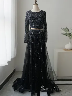 Chic A-line Long Sleeve luxury Black Long Prom Dress Beaded Evening Gowns MLH0464