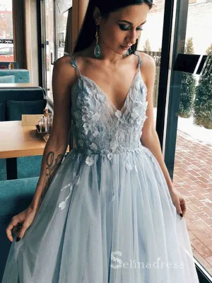 Chic A-line Spaghetti Straps Light Sky Blue Long Prom Dresses Evening Dresses MLH1250