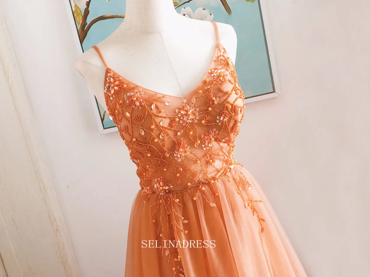 Chic A-line Spaghetti Straps Orange Long Prom Dresses Beaded Princess Dresses Long Formal Dress OSTY052