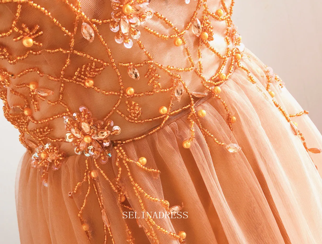 Chic A-line Spaghetti Straps Orange Long Prom Dresses Beaded Princess Dresses Long Formal Dress OSTY052