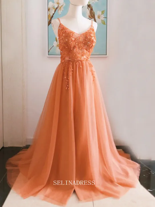 Chic A-line Spaghetti Straps Orange Long Prom Dresses Beaded Princess Dresses Long Formal Dress OSTY052