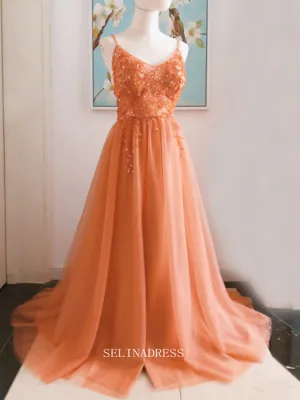 Chic A-line Spaghetti Straps Orange Long Prom Dresses Beaded Princess Dresses Long Formal Dress OSTY052