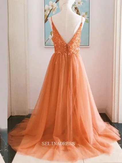 Chic A-line Spaghetti Straps Orange Long Prom Dresses Beaded Princess Dresses Long Formal Dress OSTY052