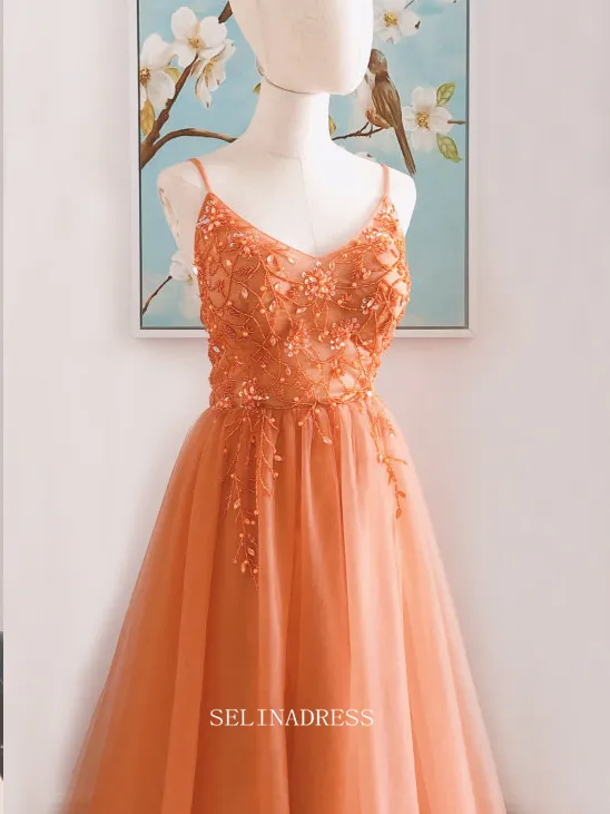 Chic A-line Spaghetti Straps Orange Long Prom Dresses Beaded Princess Dresses Long Formal Dress OSTY052