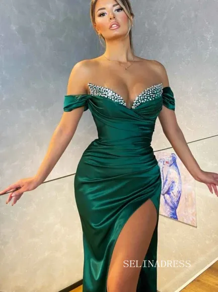 Chic Mermaid Off-the-shoulder Hunter Long Prom Dresses High Split Evening Dress sew0308