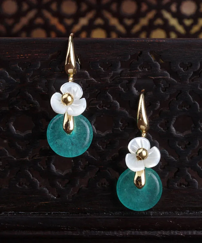 Chic Peacock Blue Jade Shell Floral Drop Earrings