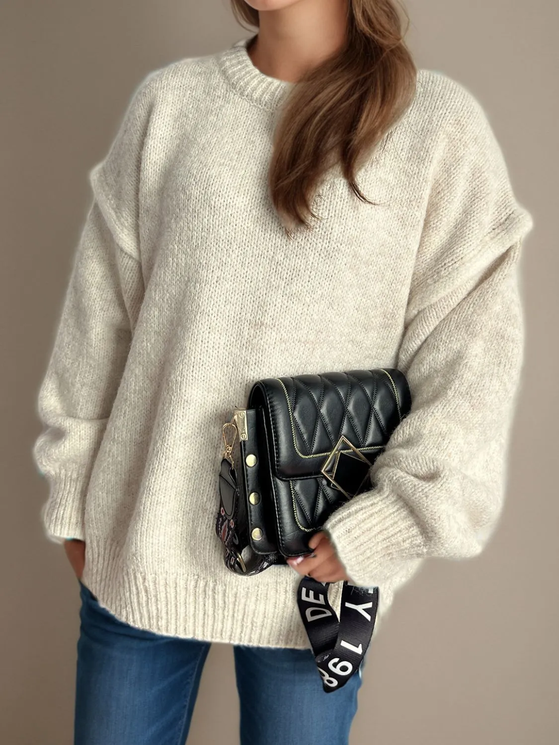 Contrast Trim Round Neck Dropped Shoulder Sweater | Cozy Weather | Cozy Sweaters