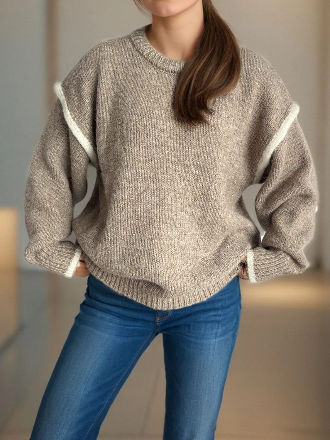 Contrast Trim Round Neck Dropped Shoulder Sweater | Cozy Weather | Cozy Sweaters