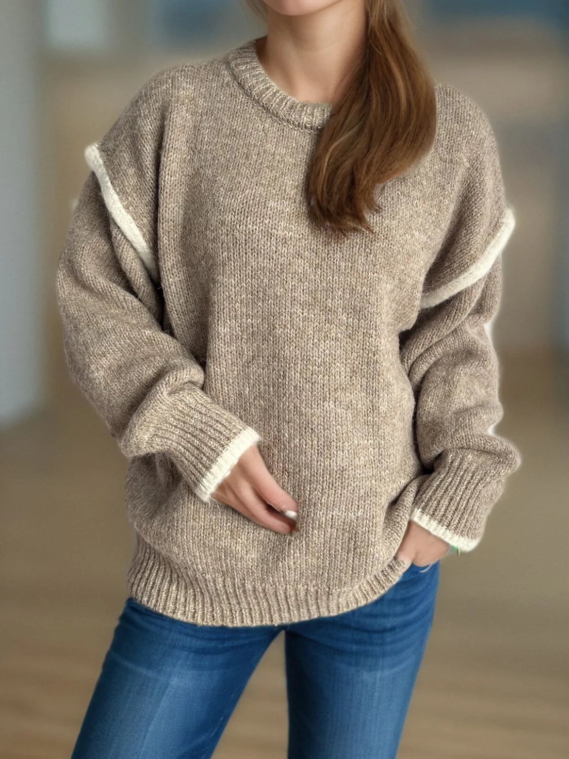 Contrast Trim Round Neck Dropped Shoulder Sweater | Cozy Weather | Cozy Sweaters