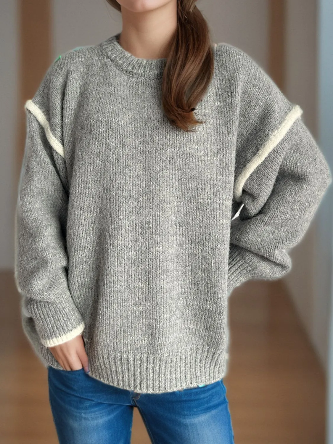 Contrast Trim Round Neck Dropped Shoulder Sweater | Cozy Weather | Cozy Sweaters