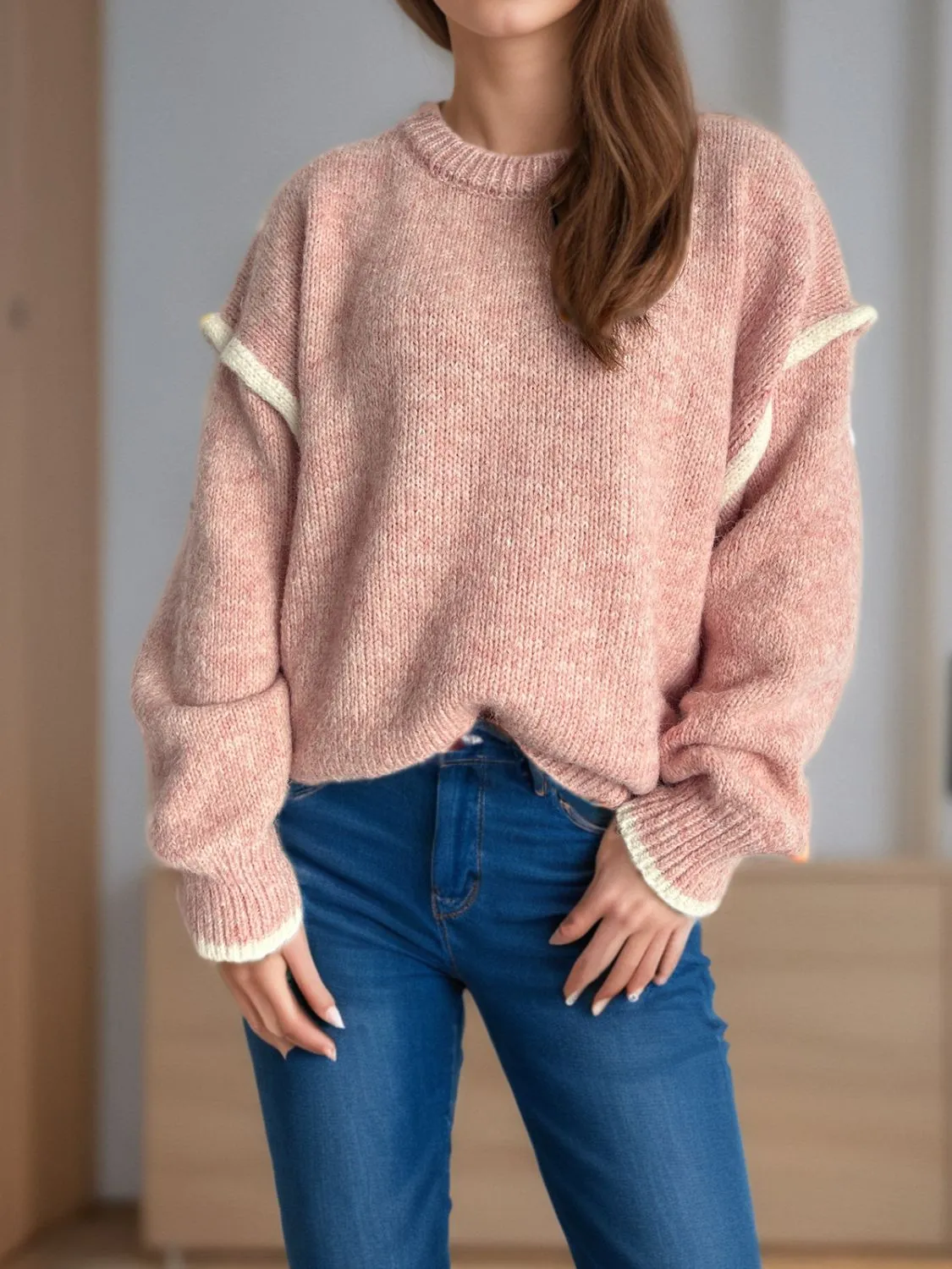 Contrast Trim Round Neck Dropped Shoulder Sweater | Cozy Weather | Cozy Sweaters