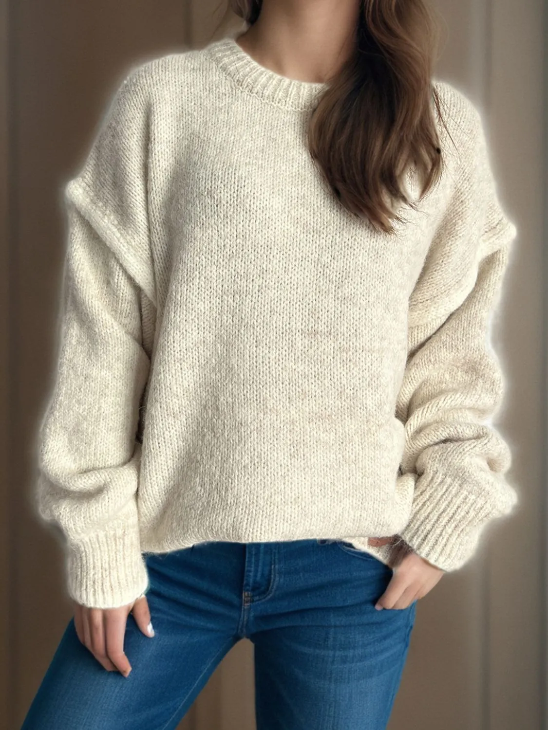 Contrast Trim Round Neck Dropped Shoulder Sweater | Cozy Weather | Cozy Sweaters