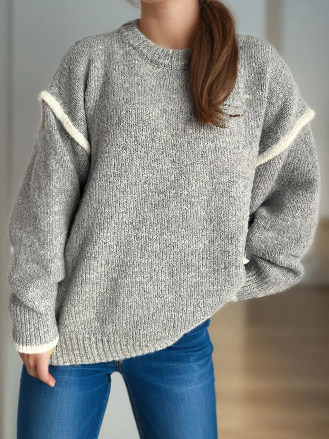 Contrast Trim Round Neck Dropped Shoulder Sweater | Cozy Weather | Cozy Sweaters