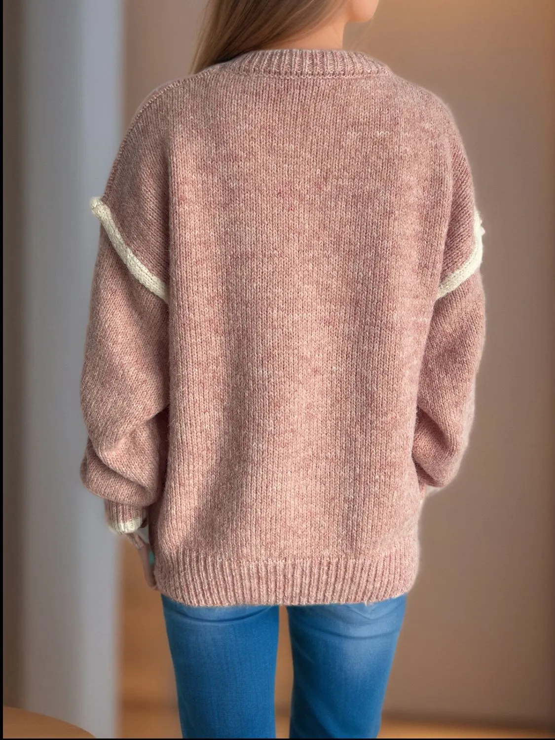 Contrast Trim Round Neck Dropped Shoulder Sweater | Cozy Weather | Cozy Sweaters