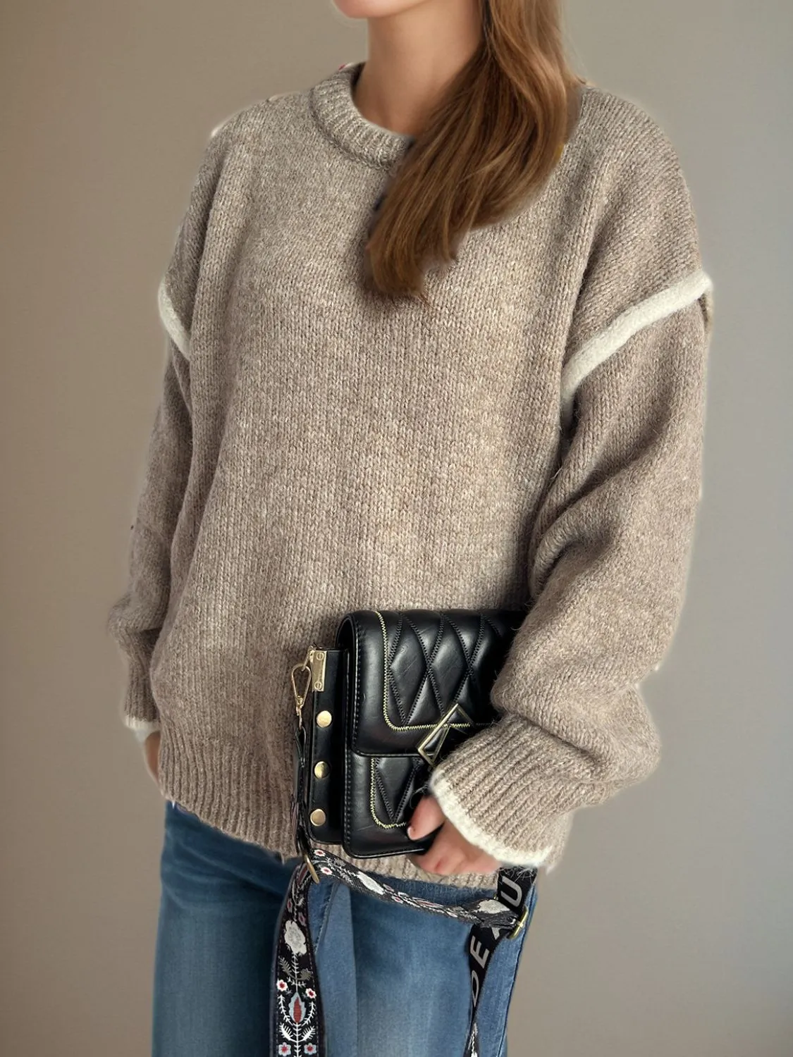 Contrast Trim Round Neck Dropped Shoulder Sweater | Cozy Weather | Cozy Sweaters