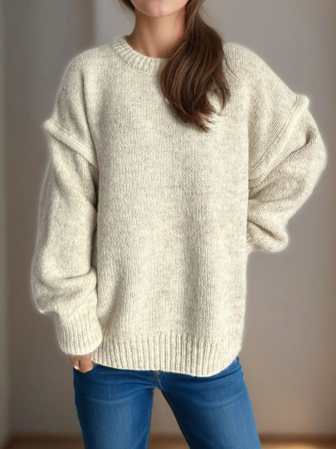 Contrast Trim Round Neck Dropped Shoulder Sweater | Cozy Weather | Cozy Sweaters