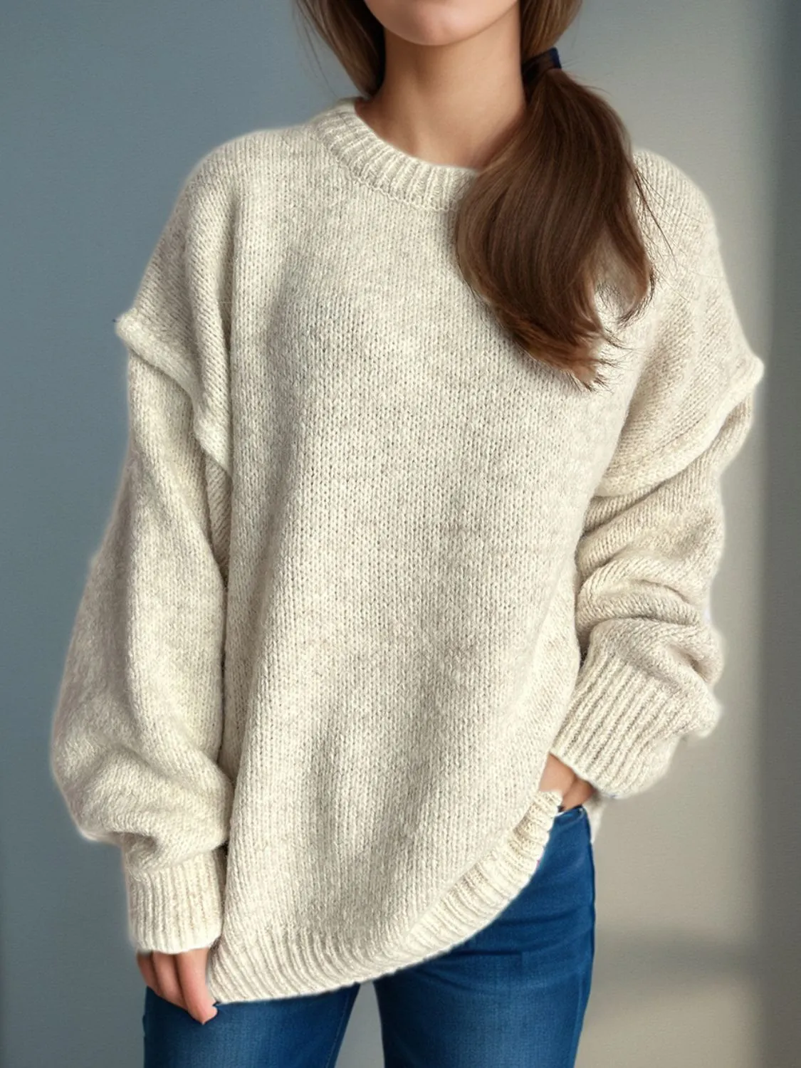 Contrast Trim Round Neck Dropped Shoulder Sweater | Cozy Weather | Cozy Sweaters