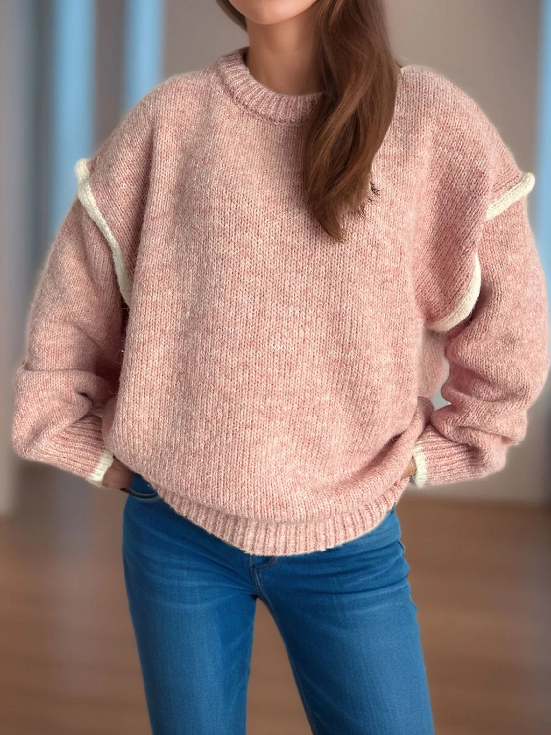 Contrast Trim Round Neck Dropped Shoulder Sweater | Cozy Weather | Cozy Sweaters