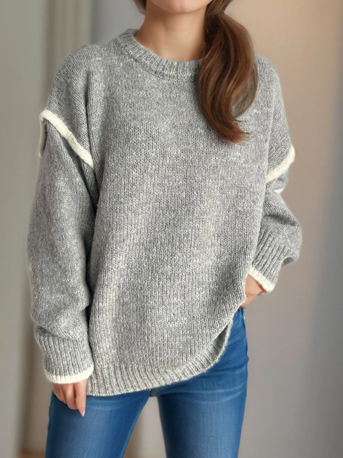 Contrast Trim Round Neck Dropped Shoulder Sweater | Cozy Weather | Cozy Sweaters