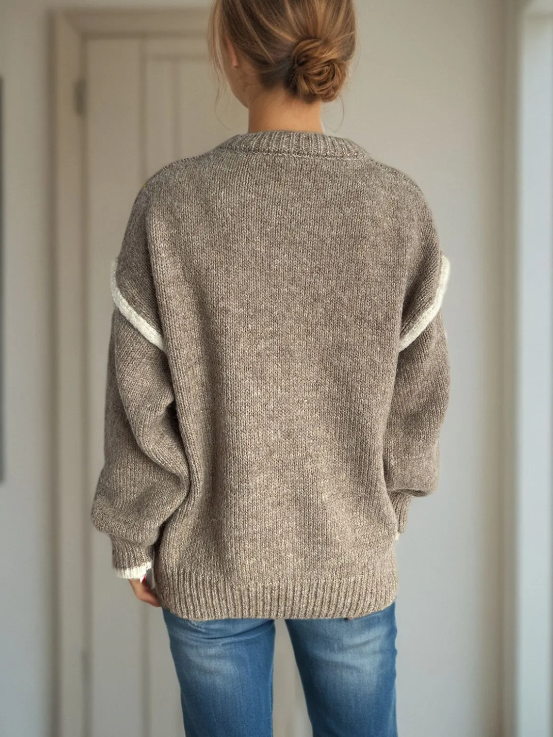 Contrast Trim Round Neck Dropped Shoulder Sweater | Cozy Weather | Cozy Sweaters