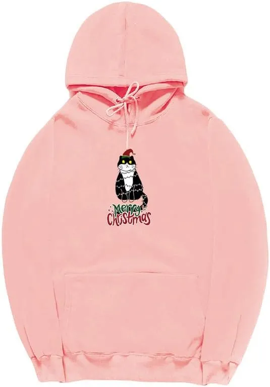 CORIRESHA Women's Unisex Cute Christmas Cat Hoodie Long Sleeve Drawstring Pocket Funny Sweatshirt