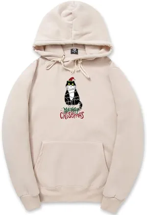 CORIRESHA Women's Unisex Cute Christmas Cat Hoodie Long Sleeve Drawstring Pocket Funny Sweatshirt