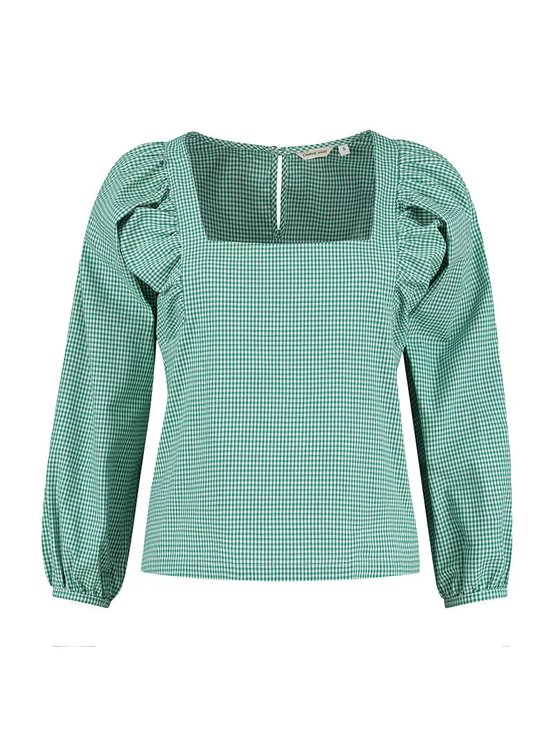 Cotton Puff Sleeve Top Green Check