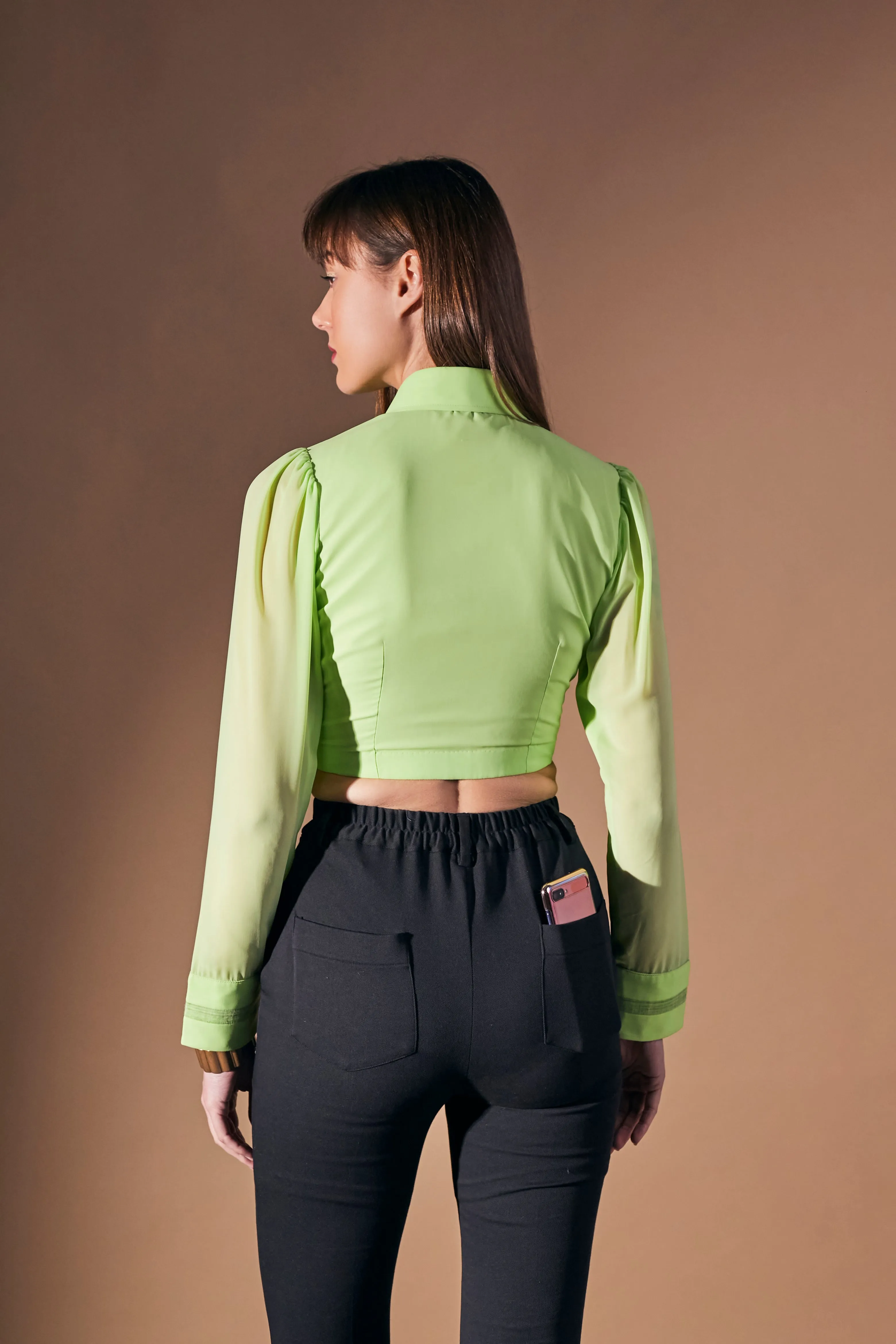 Evening Ladies Green Crop Collar Top