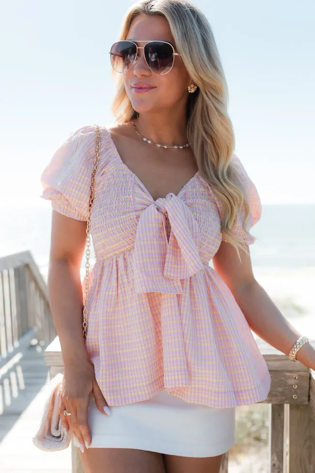 Fresh Beginnings Pink Plaid Smocked Bust Top