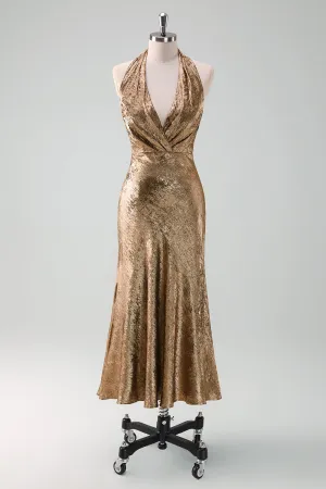 Glitter Golden Halter Sheath Tea Length Dress