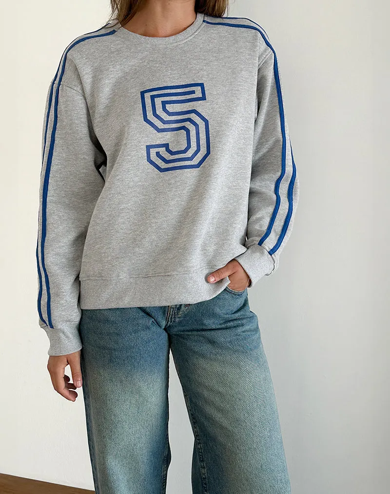 Govel Sweatshirt in Grey Marl with Cobalt Blue 5 Motif