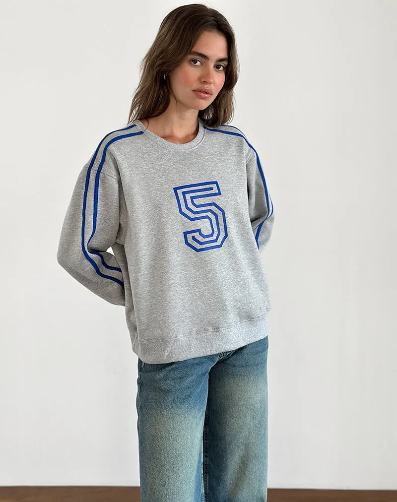 Govel Sweatshirt in Grey Marl with Cobalt Blue 5 Motif