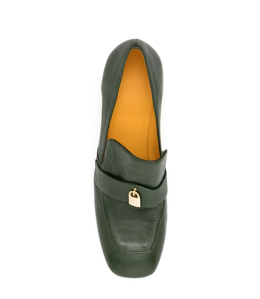 Green Leather Lock Heel Loafer